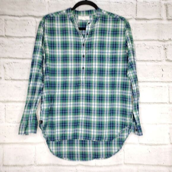 Treasure & Bond Tops - Treasure & Bond 1/2 Button Long Sleeve Plaid Shirt Green Womens Small Cotton